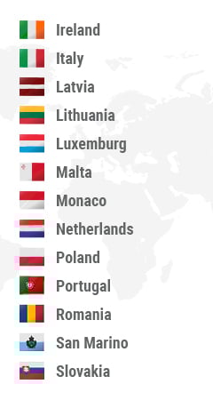 Greece, Hungary, Ireland, Italy, Latvia Lithuania, Luxemburg, Macedonia, Malta, Monaco